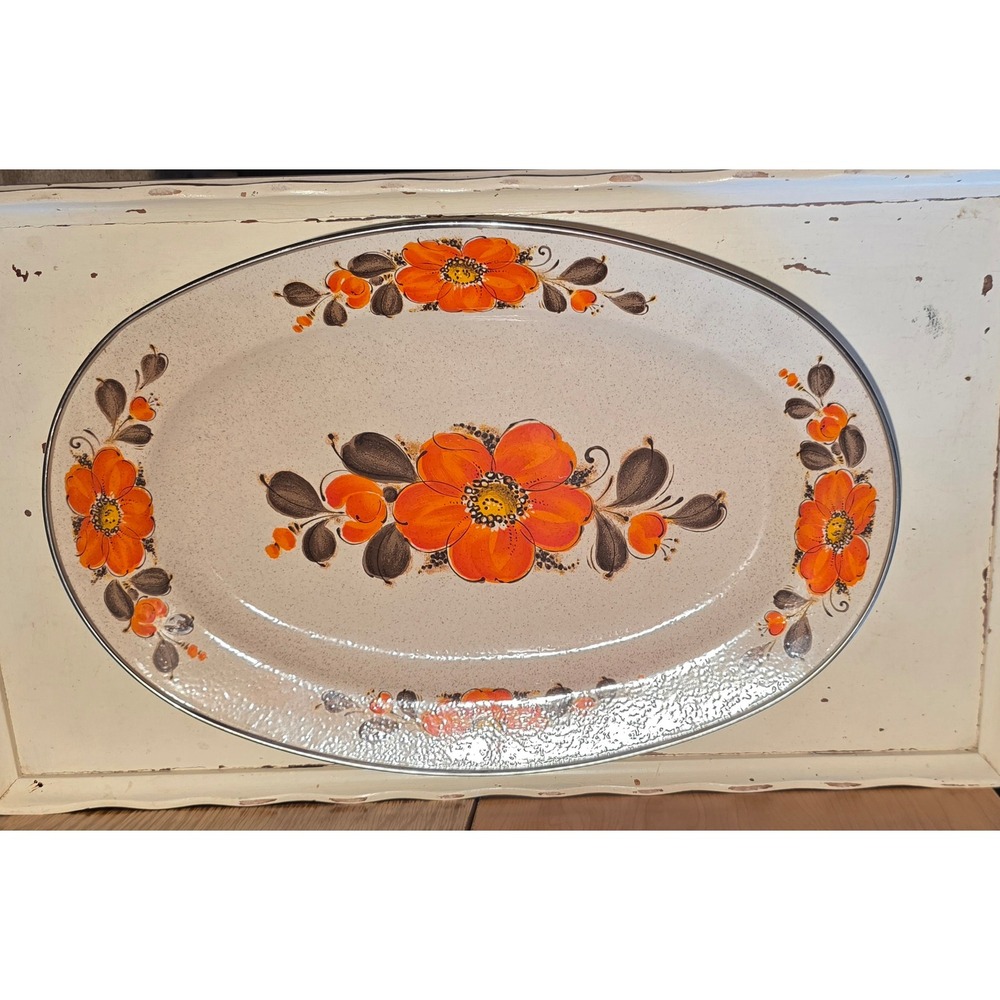 Vintage Sanko Ware Show Pans Metal Platter 18" Orange Poppies Floral Japan